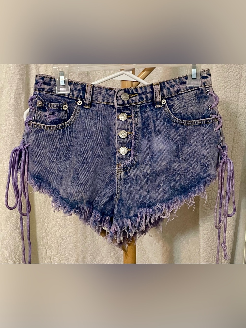 Top Trends Lavender Acid-Wash Frayed Denim Shorts with Side Lace-Up